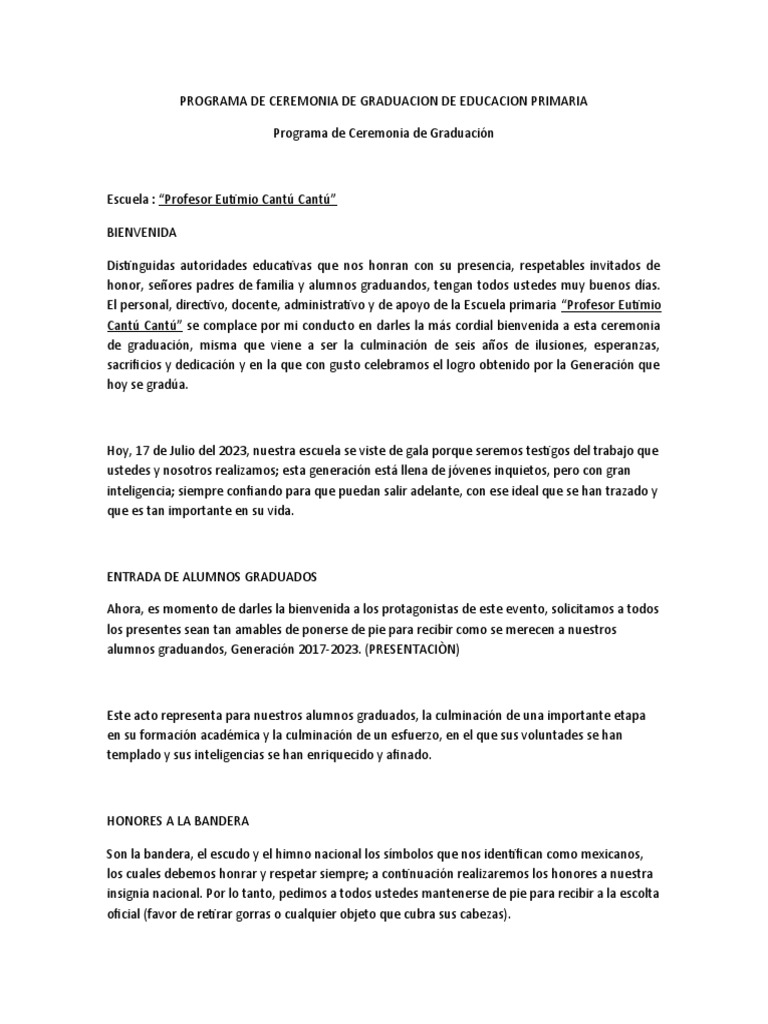Programa de Ceremonia de Graduacion de Educacion Primaria | PDF
