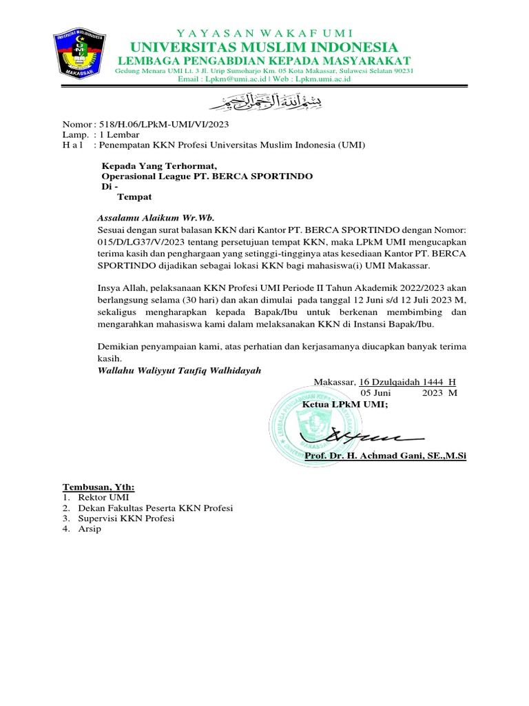 Penempatan KKN UMI di PT. BERCA SPORTINDO | PDF