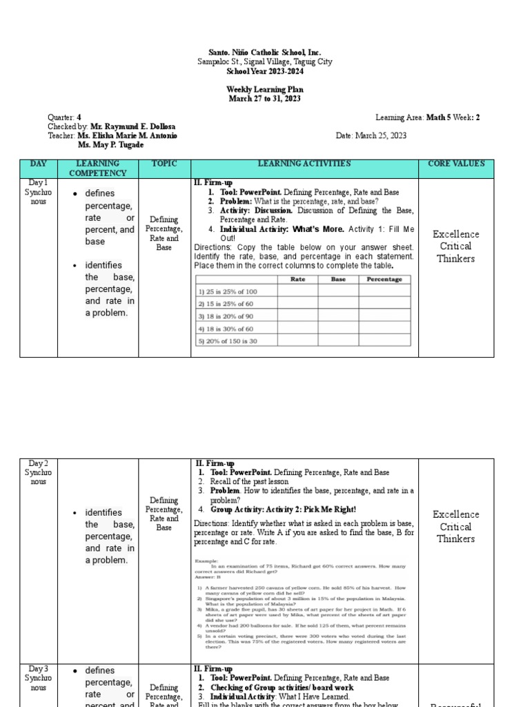 Math 5 Weekly Learning Plan: Percentages | PDF | Percentage | Learning