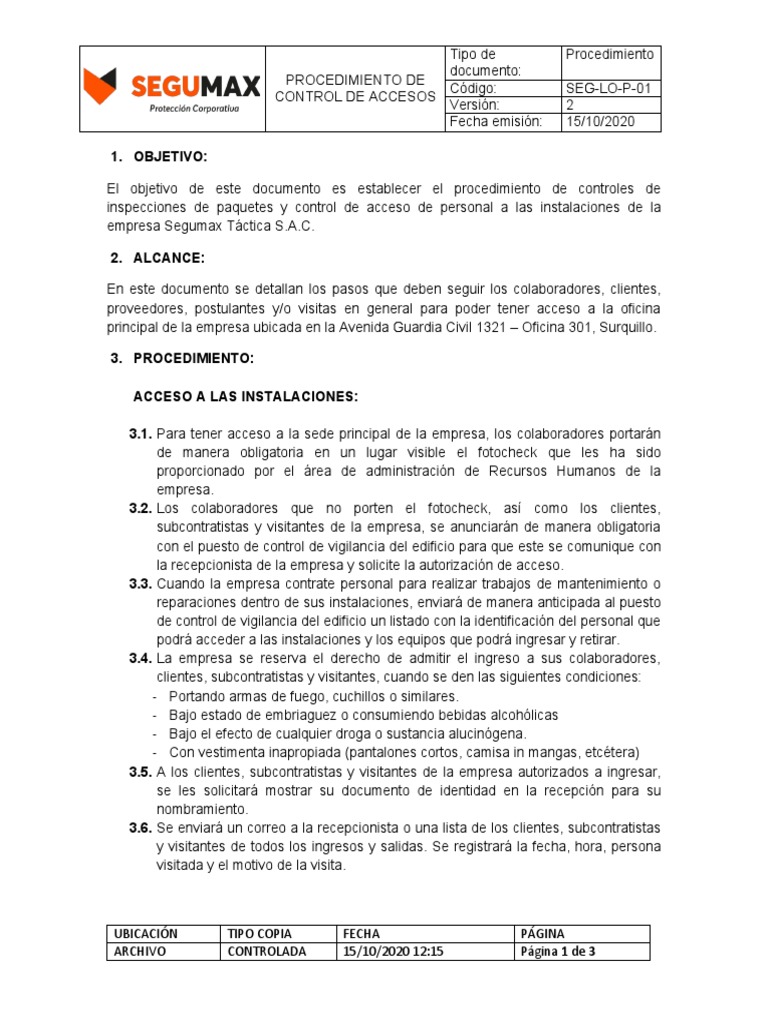 Procedimiento de Control de Accesos | PDF