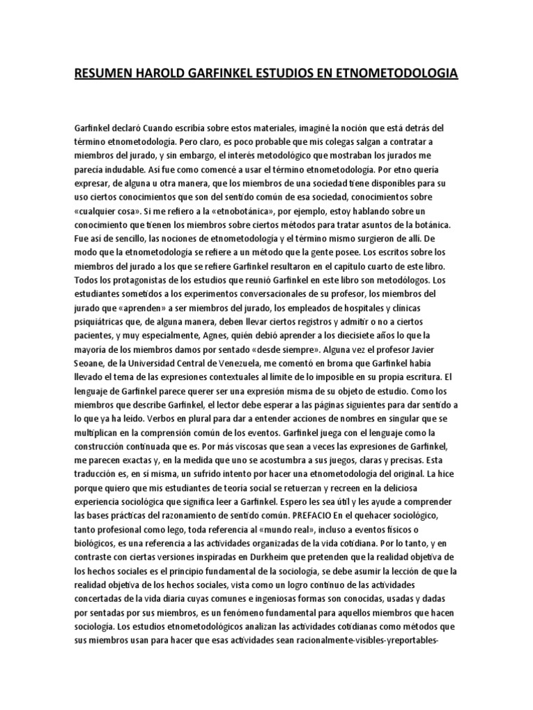 Resumen Harold Garfinkel Estudios en Etnometodologia | PDF | Sociología ...