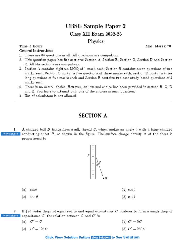 CBSE Class 12 Physics Sample Paper 2 | PDF | Electron | Electromagnetic ...