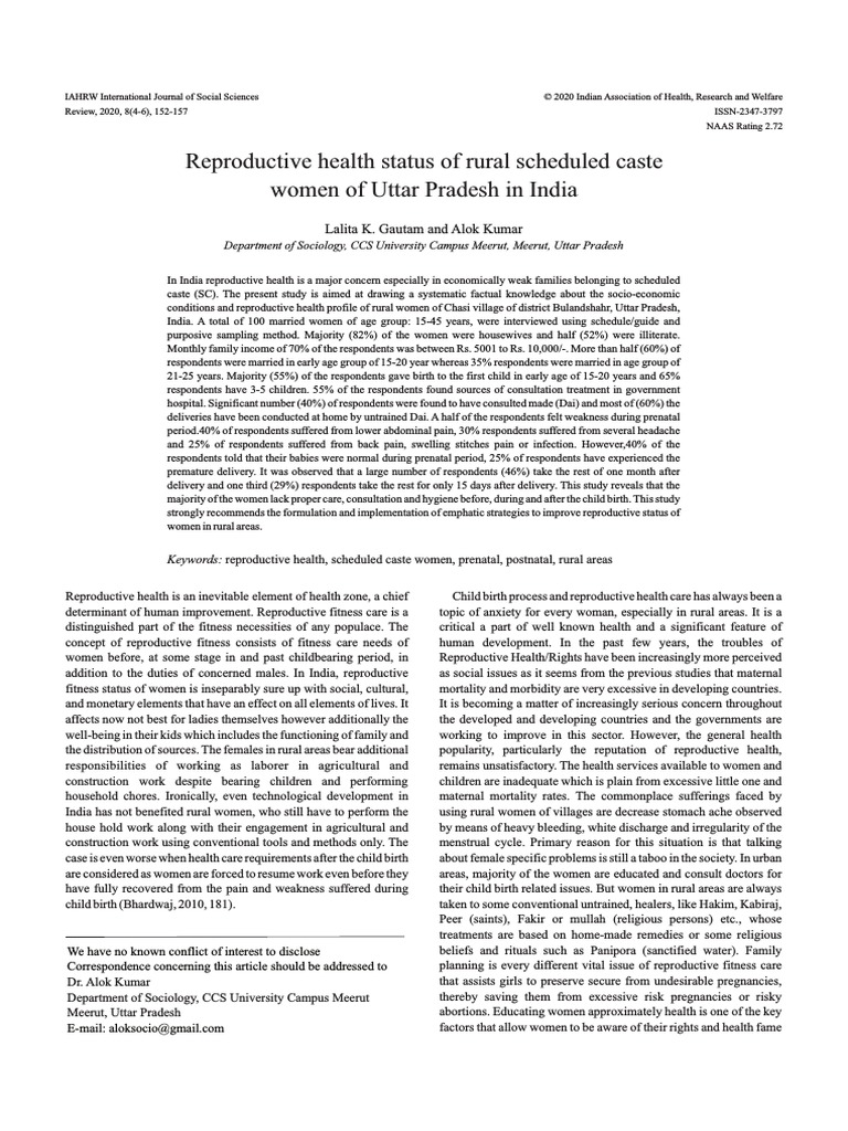 Reproductive Health Status of Rural Scheduled Caste Women of Uttar ...