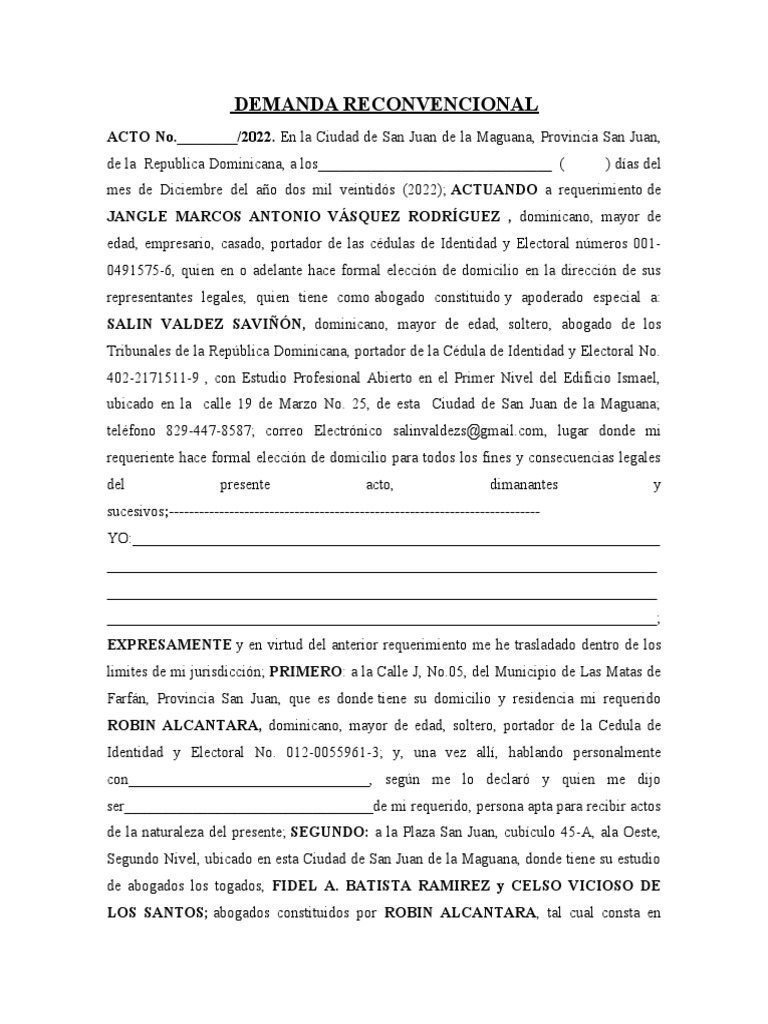 Demanda Reconventional contra Robin Alcantara | PDF | Daños y ...