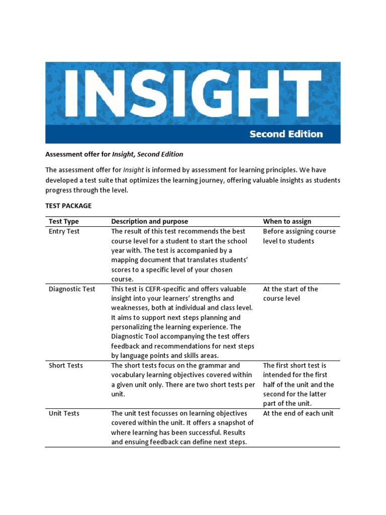 Insight Second Edition Assessment Overview | PDF | Educational ...