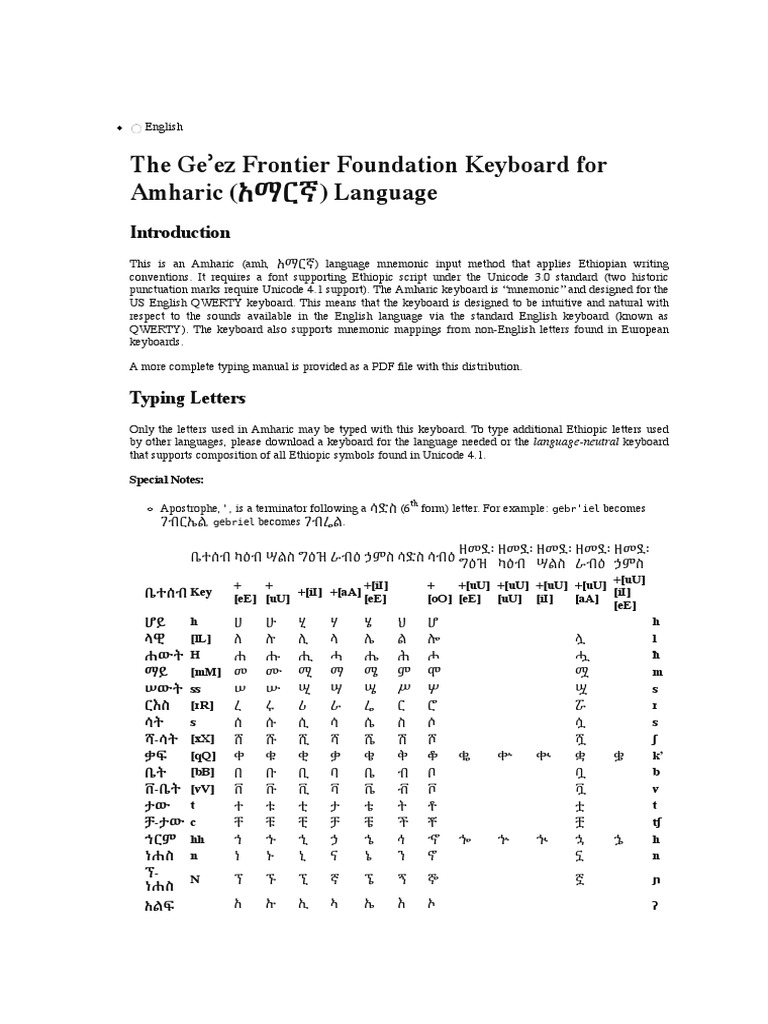 Amharic Keyboard PDF Copyright Human Communication