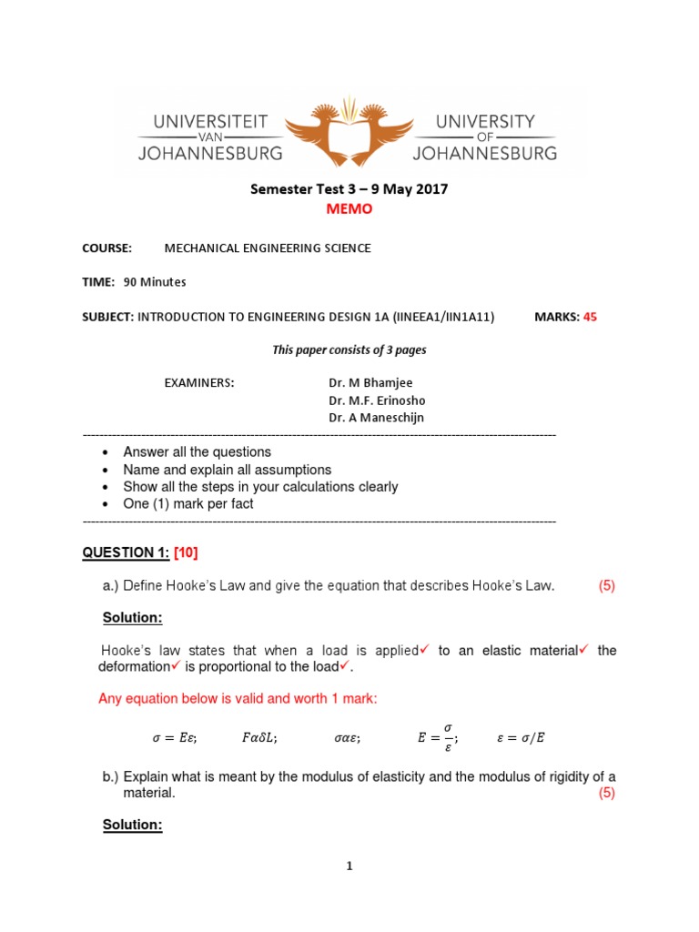 Mechanical Engineering Design Exam Memo | PDF | Young's Modulus ...
