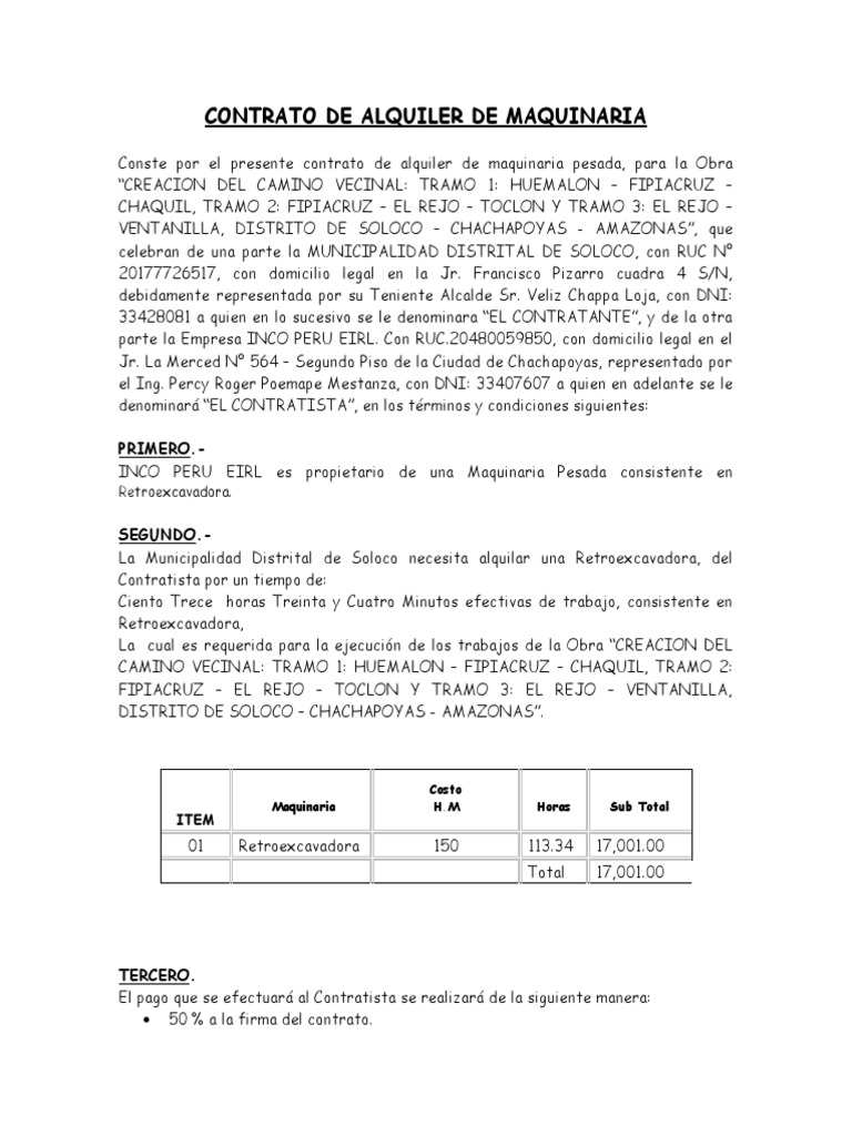 Contrato de Alquiler de Retroexcavadora | PDF