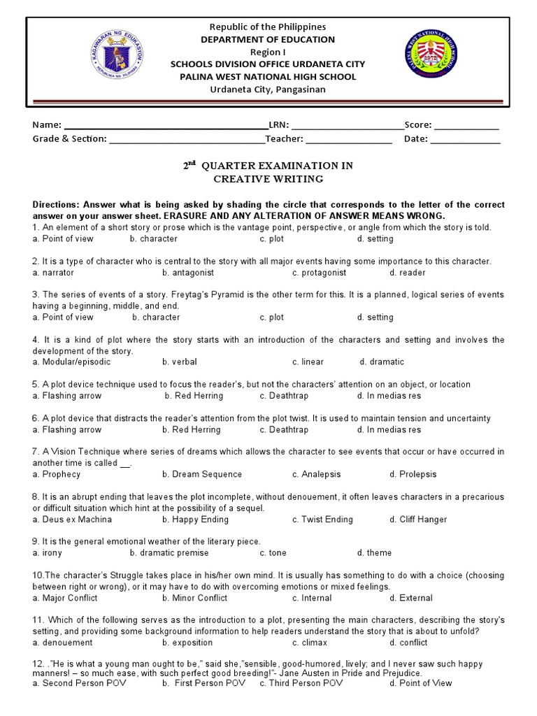 Grade 12 Creative Writing Exam Q2 | PDF | Plot (Narrative) | Poetry