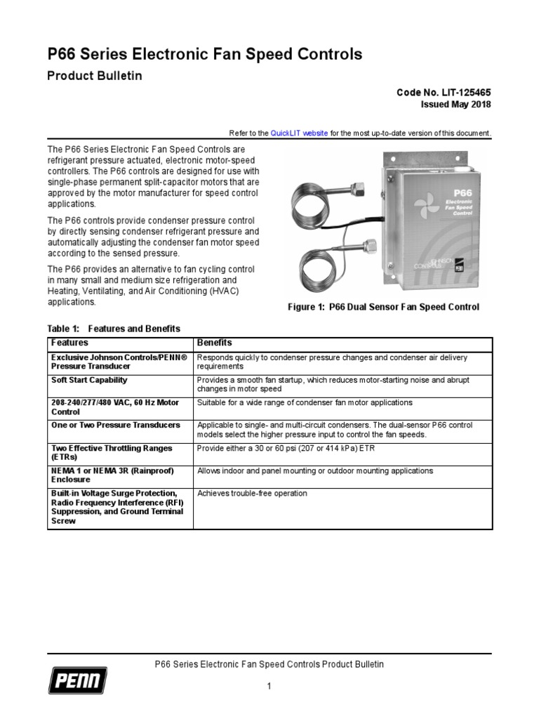 P66 Series Electronic Fan Speed Controls Product Bulletin PDF