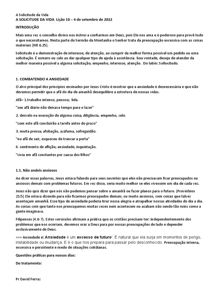 A Solicitude e a Ansiedade na Vida | PDF | Ansiedade | Oração