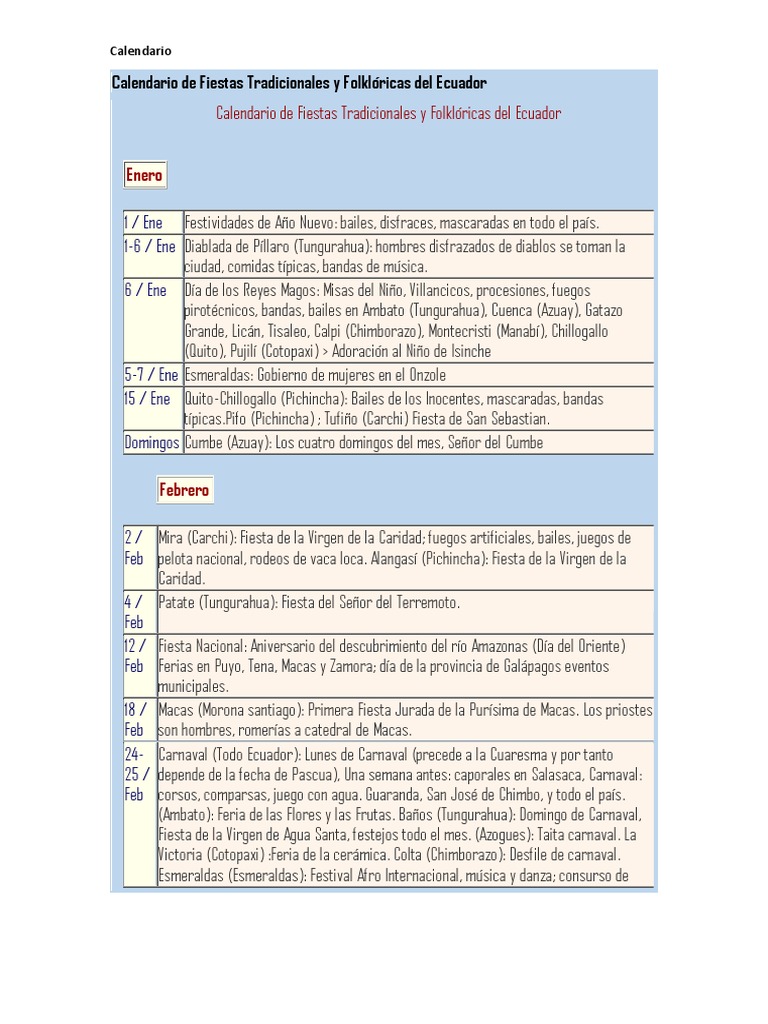 Calendario de Fiestas Tradicionales y Folklóricas Del Ecuador | PDF