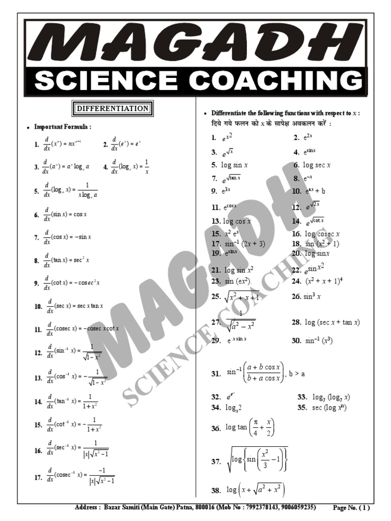 Differentiation Formulas and Examples | PDF | Trigonometric Functions ...