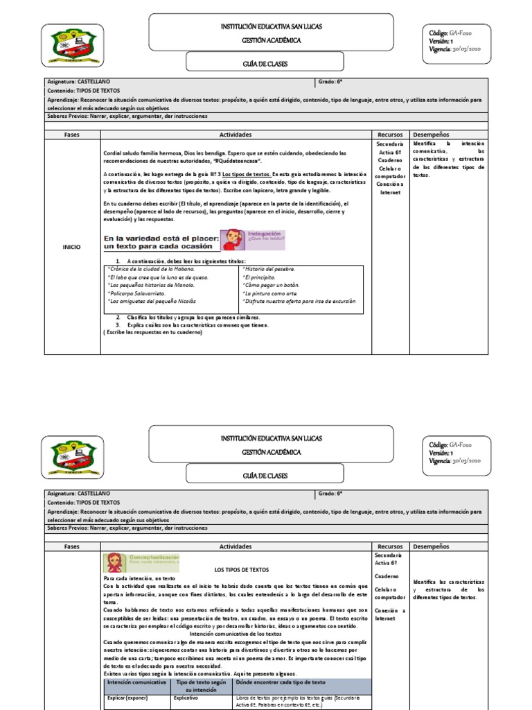 Guia de Clases #3 Tipos de Textos 2 | PDF | Aprendizaje | Narración