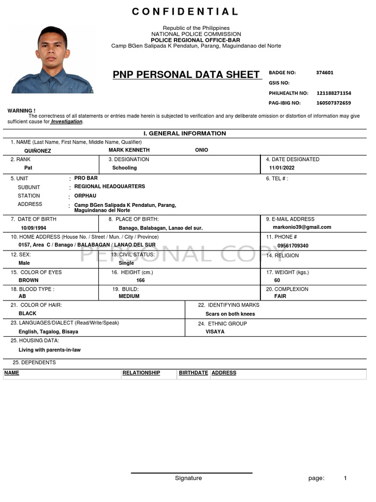 PNP Personal Data Sheet Form | PDF