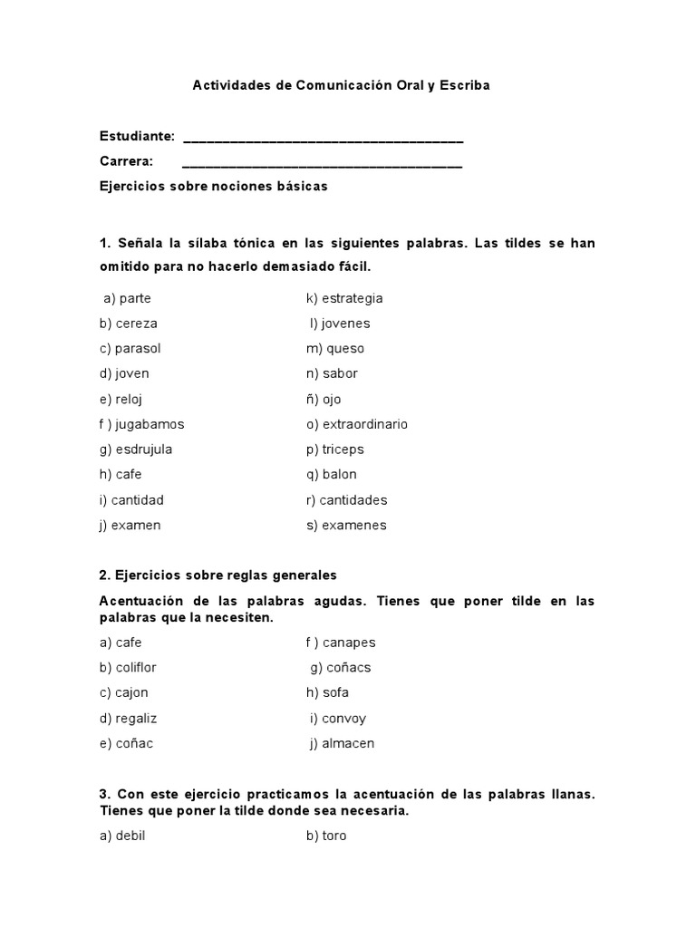 Ejercicios de Acentuación en Español | PDF | Voz humana | Lingüística