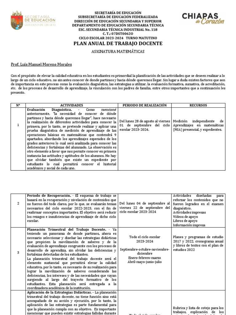 Plan Anual de Trabajo Docente 2024 | PDF | Aprendizaje | Rúbrica ...