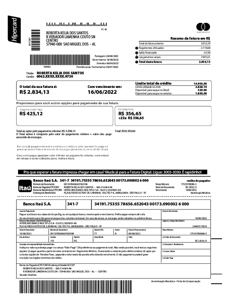 Minha Fatura Mastercard 16062022 PDF Economia financeira