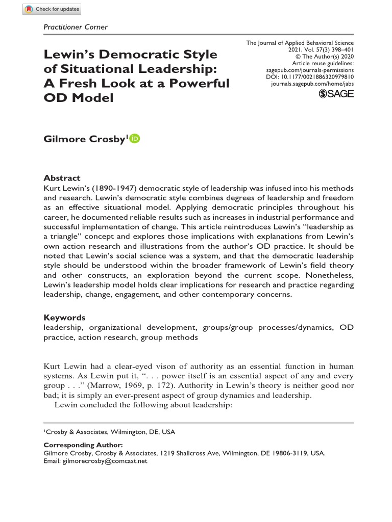 Lewin's Democratic Style of Situational Leadership: A Fresh Look at A ...