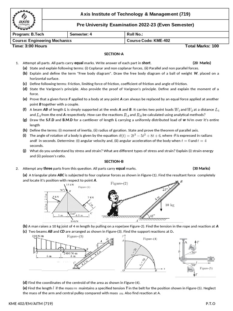 KME 402 Engineering Mechanics Exam Paper | PDF | Force | Rotation ...