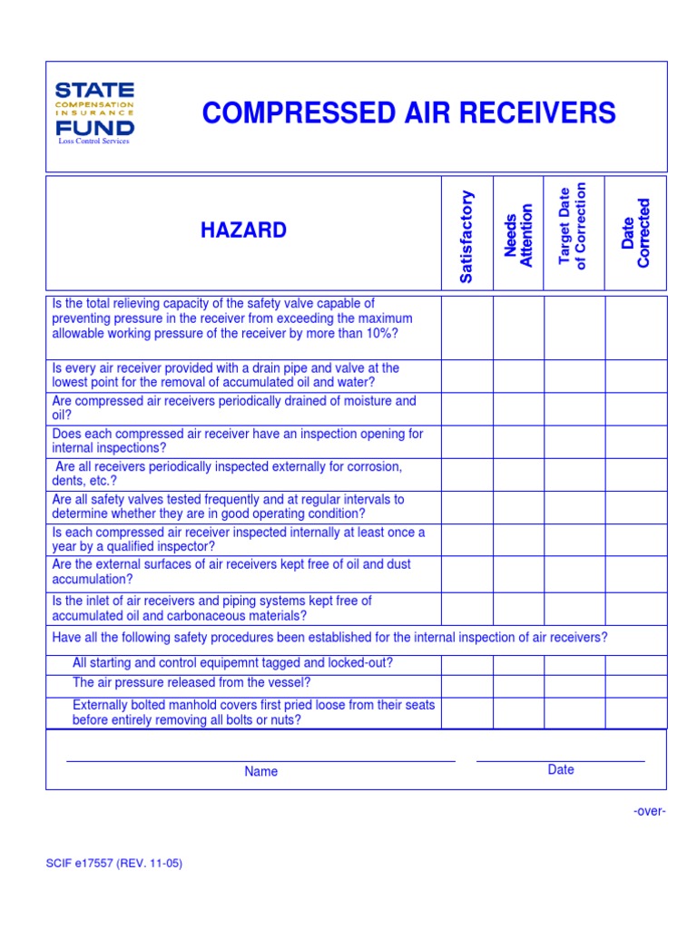 Air Receiver Tank Hazard Checklist PDF Valve Gases