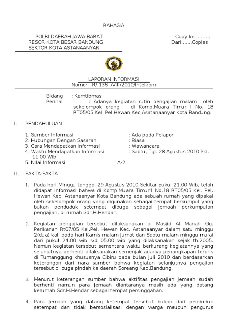 Contoh Laporan Informasi Polri Bidang Keamanan Materi