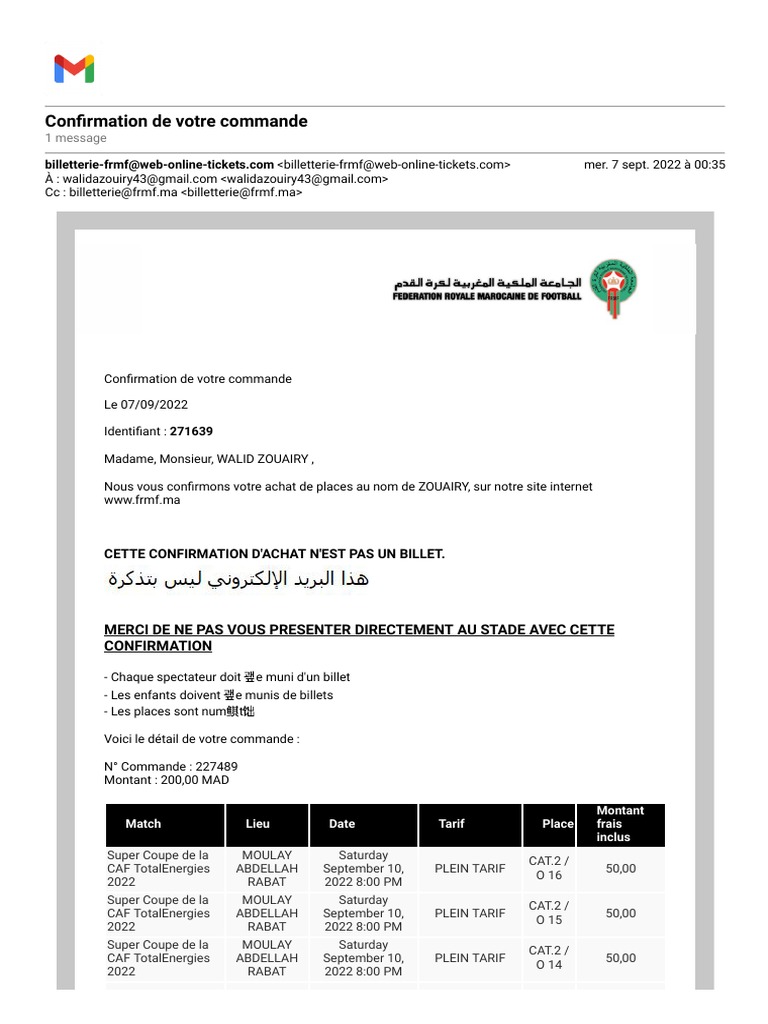 Confirmation D achat De Billets FRMF PDF