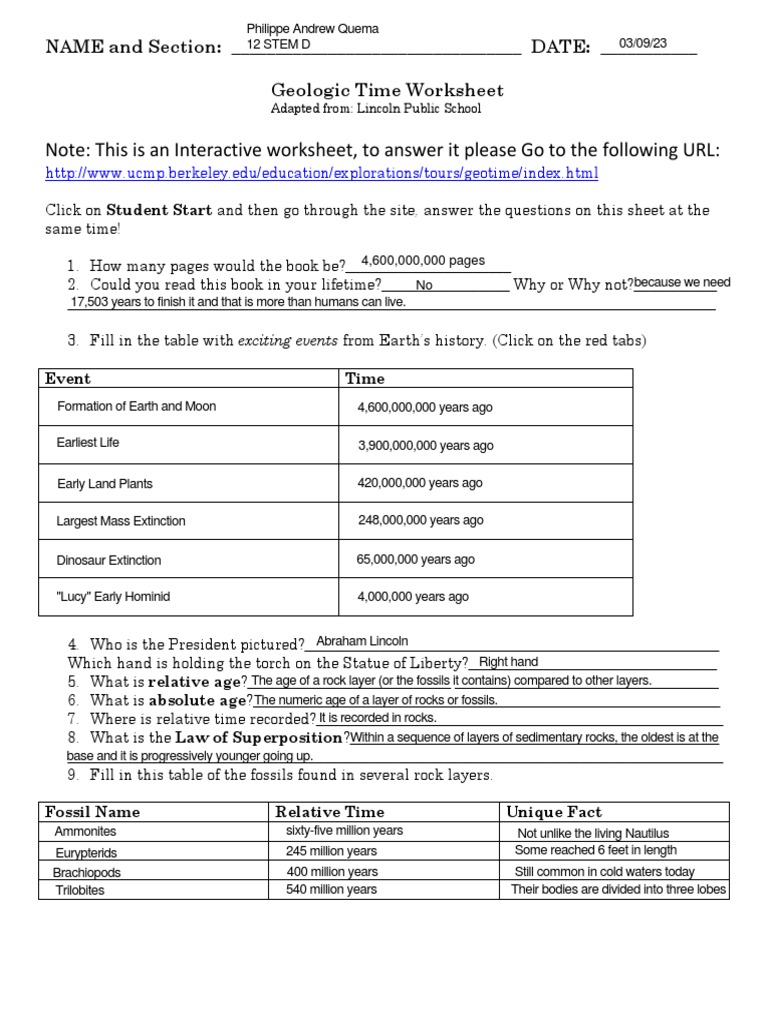 Geologic Time Worksheet PDF Geologic Time Scale Earth Sciences