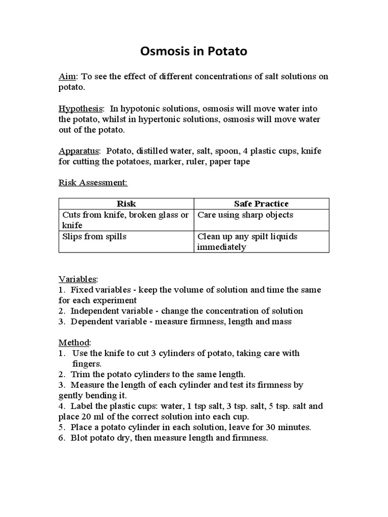 Activity 1.4 Osmosis in Potato PDF Osmosis Experiment