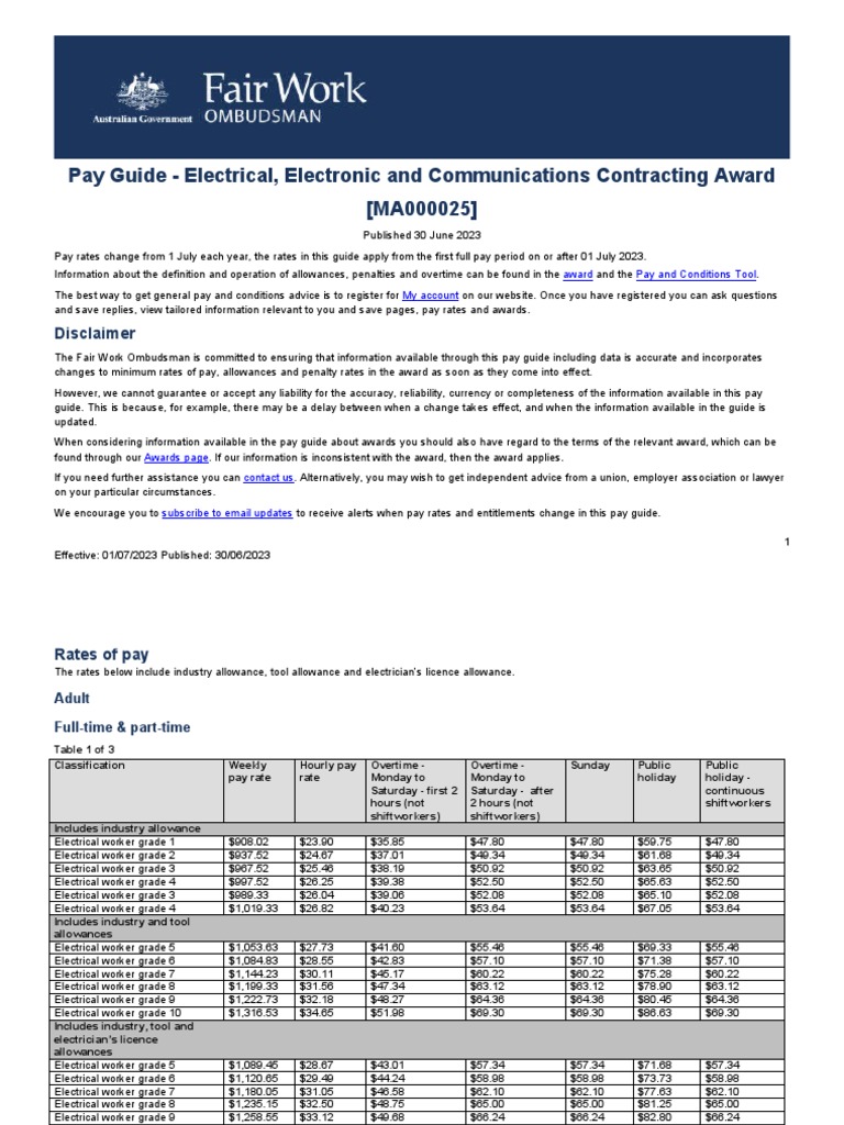 MA000025 Electrical Pay Guide 2023 | PDF | Wage | Overtime