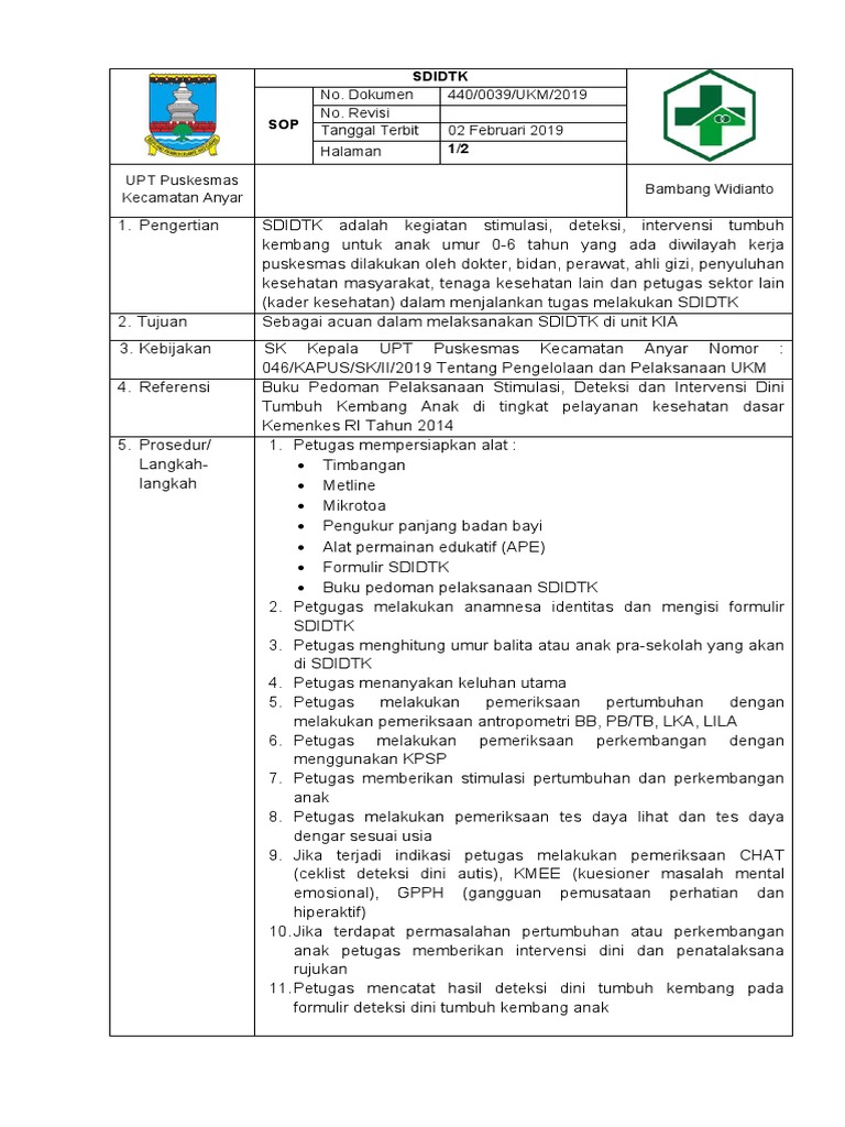 SOP Pelaksanaan SDIDTK Anak 0-6 Tahun | PDF