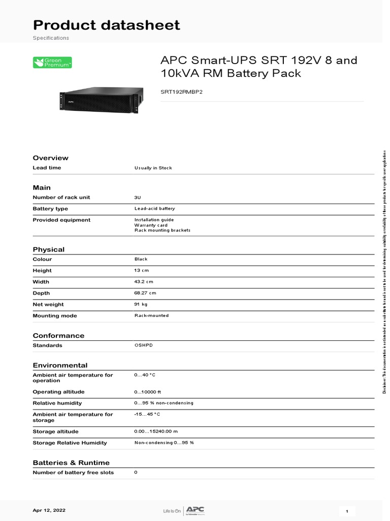 SmartUPS Battery Systems SRT192RMBP2 PDF Electricity
