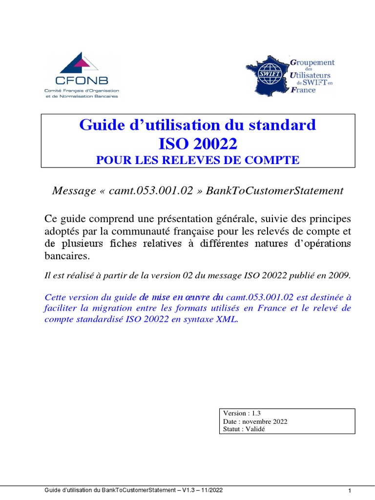 Guide ISO 20022 pour camt.053 | PDF | XML | Langage de balisage