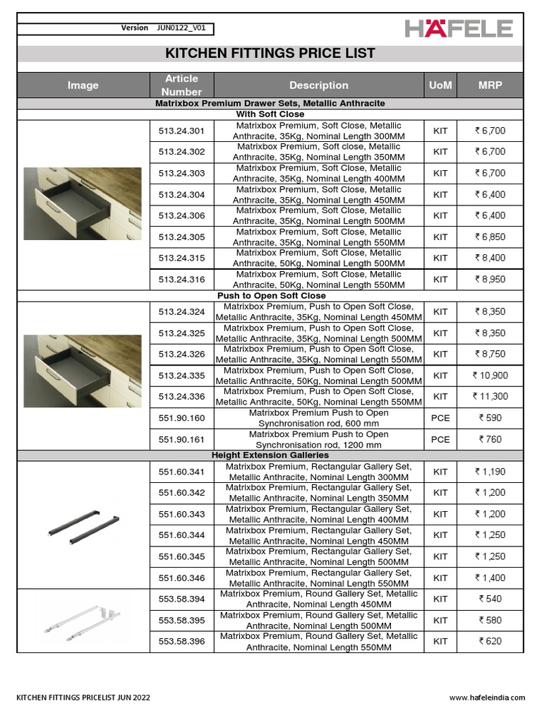 Hafele India Pricelist MRP June 2022 Version1 PDF Materials