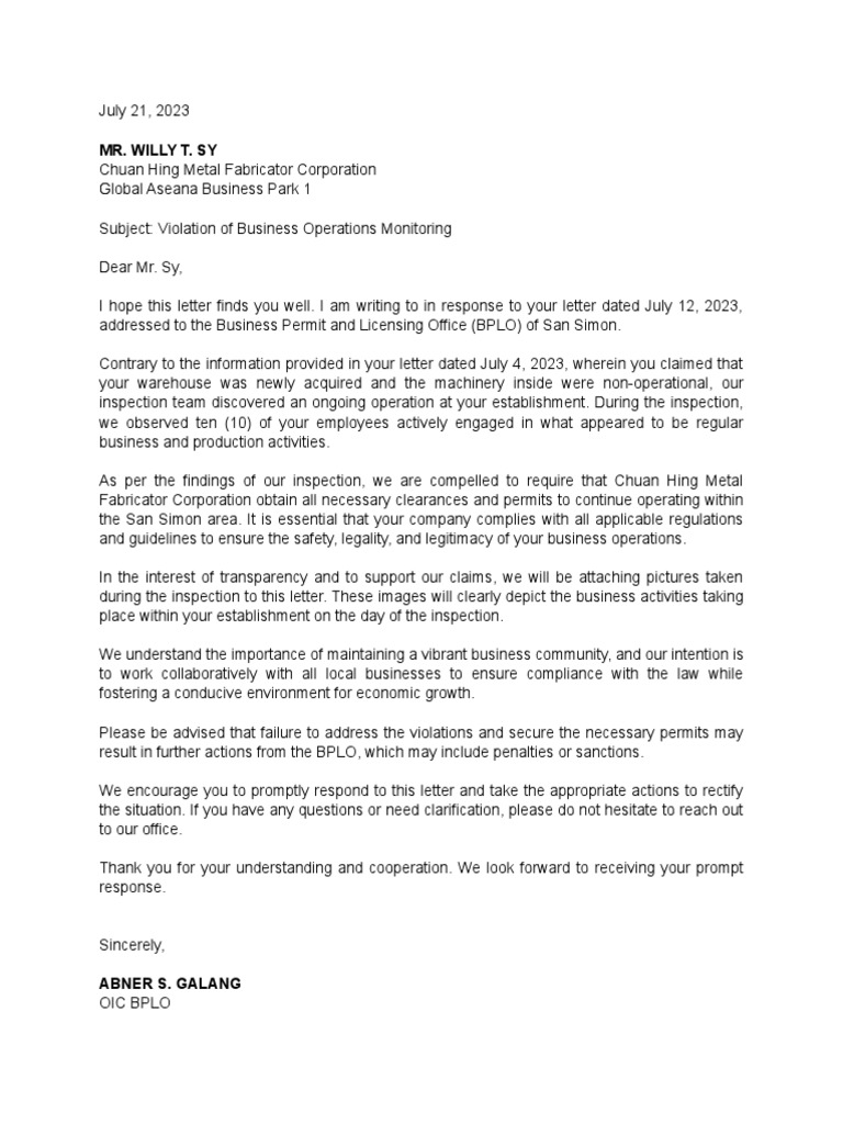Business Operations Violation Notice | PDF