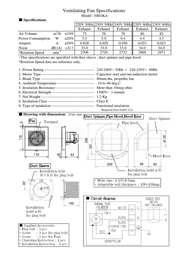 KDK 10EGKA Exhaust Fan Specifications | PDF | Electrical Connector ...