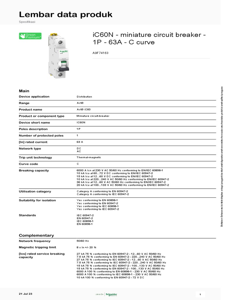 Lembar data produk ic60n miniature circuit breaker 1p 63a c