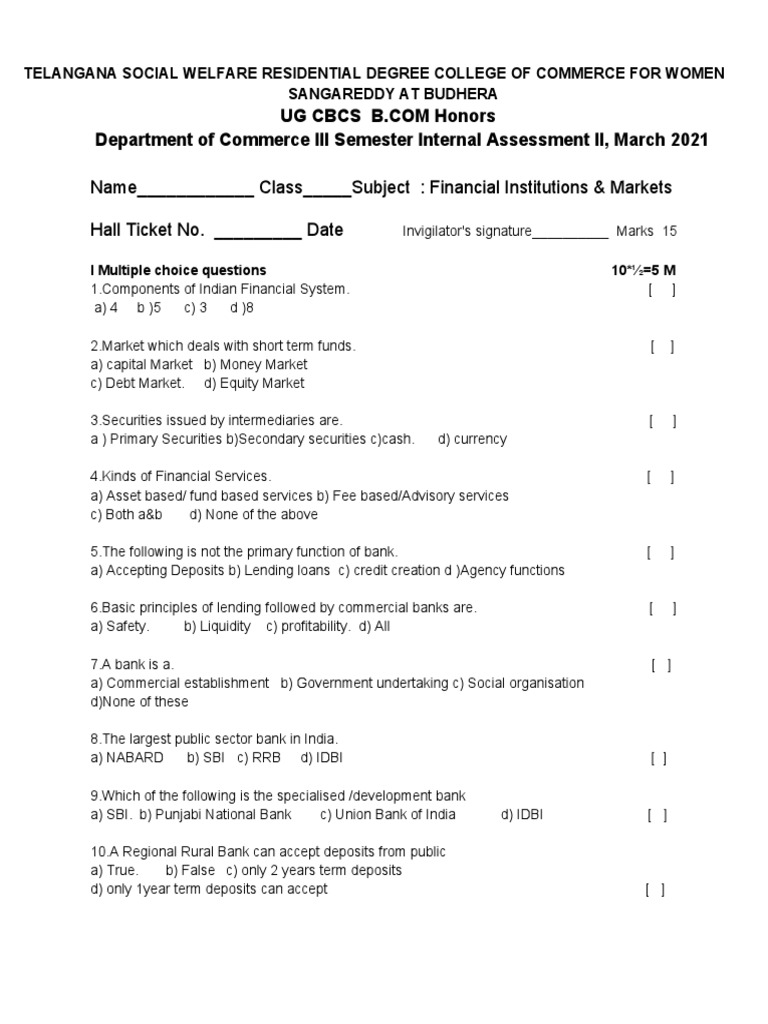 name-class-subject-financial-institutions-markets-hall-ticket-no