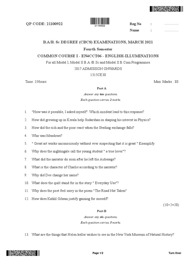 4th Sem English Exam Question Paper | PDF