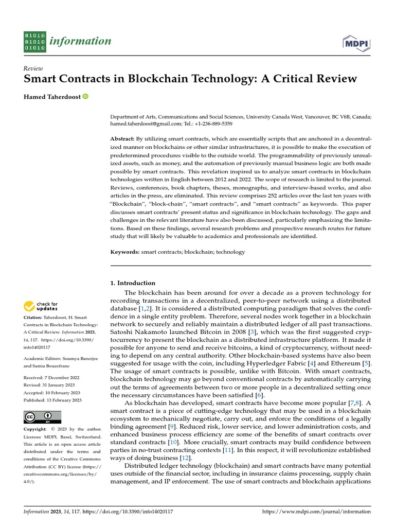 Smart Contracts In Blockchain Technology A Critical Review Pdf