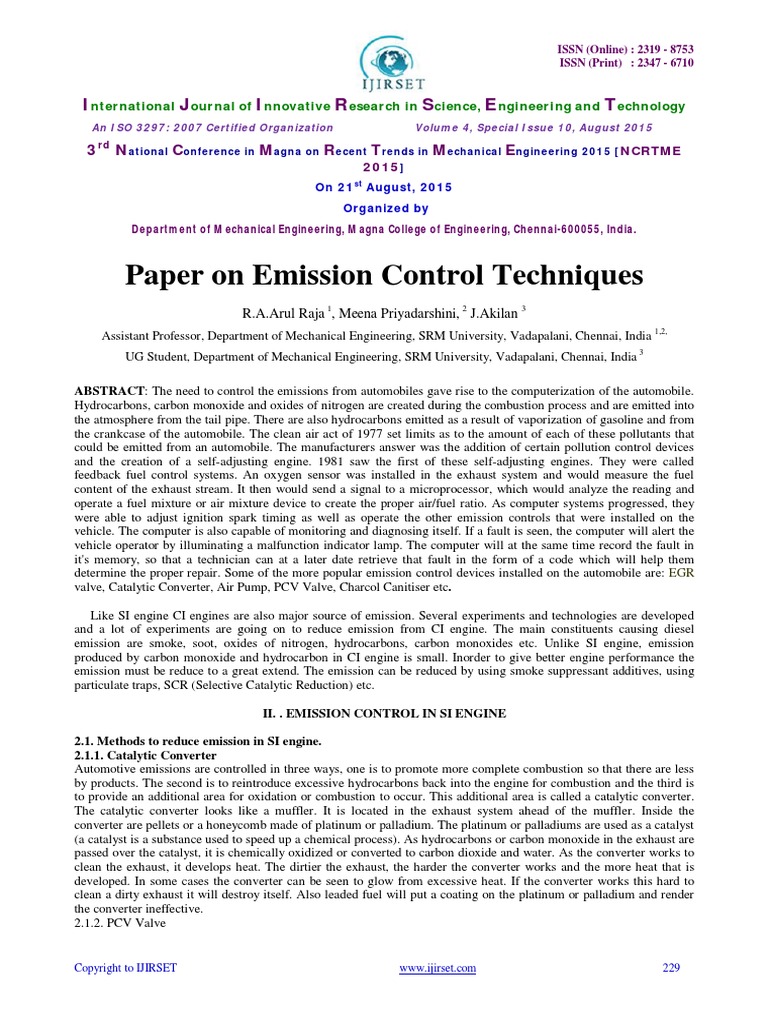 Paper On Emission Control Techniques I J I R S E T Download Free PDF