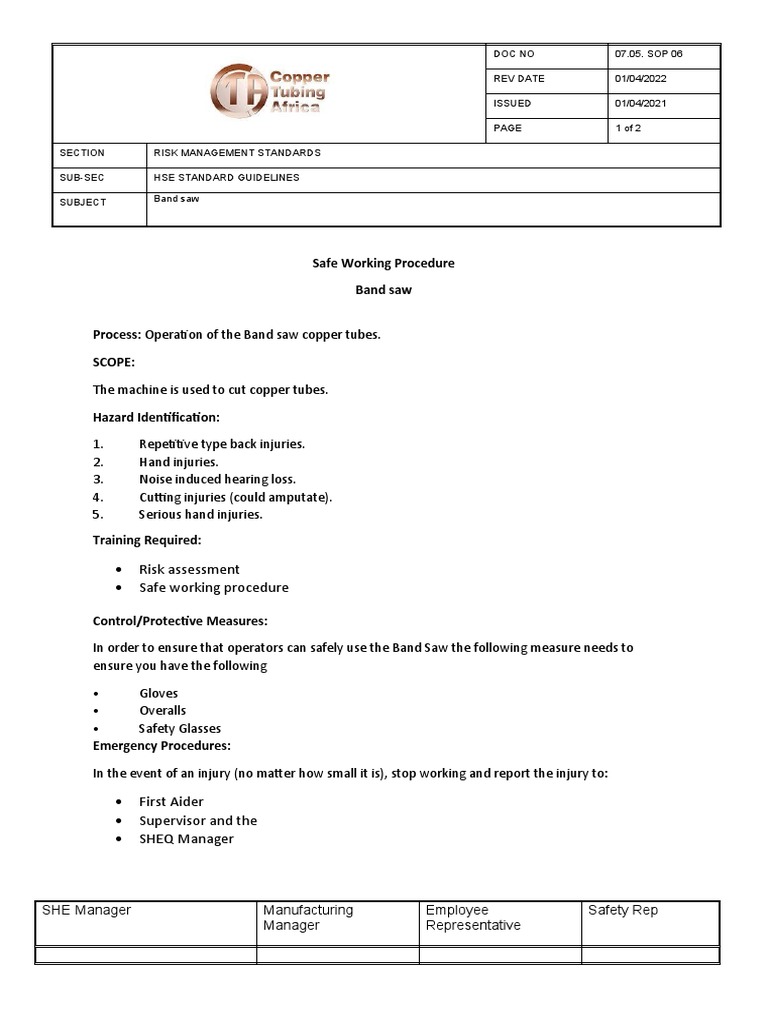 Safe Working Procedure For Band Saw PDF Risk Risk Management