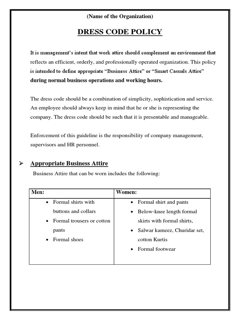 Dress Code Policy PDF Trousers Consumer Goods