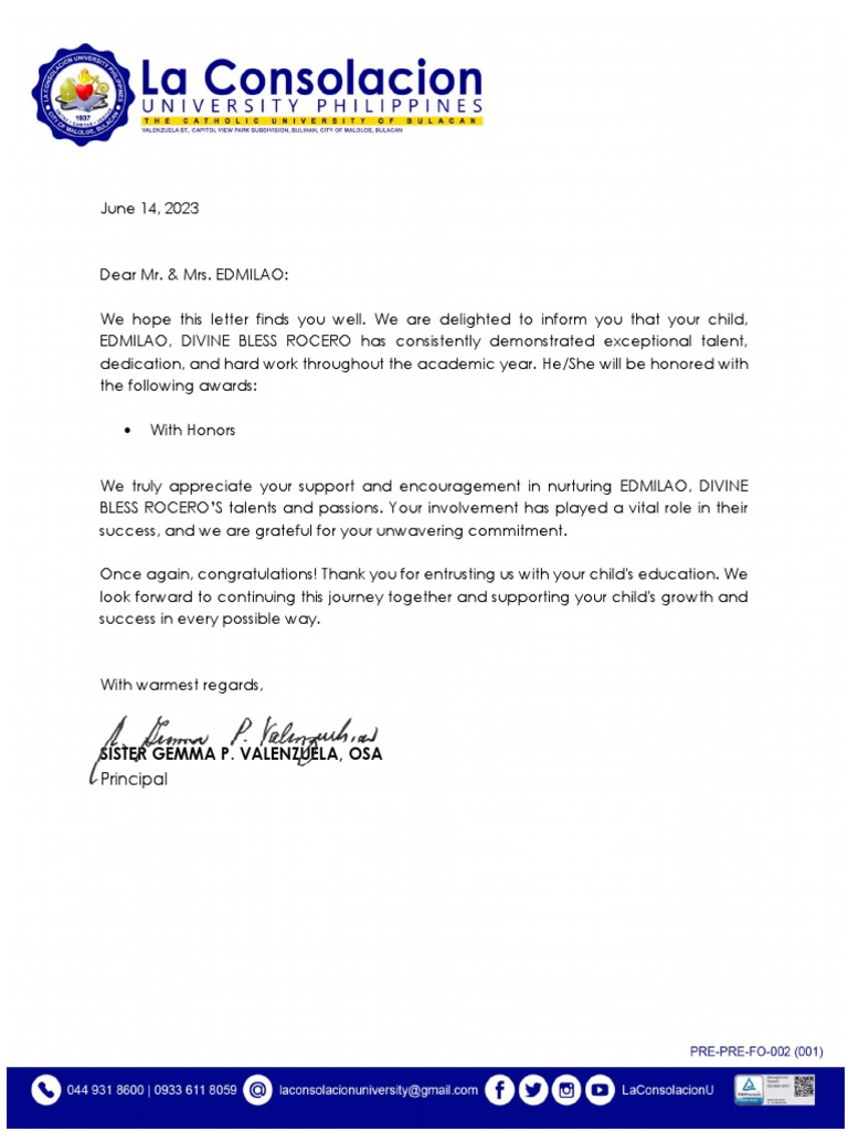 Letter To Parents Awards DIVINE HUMSS 2 | PDF