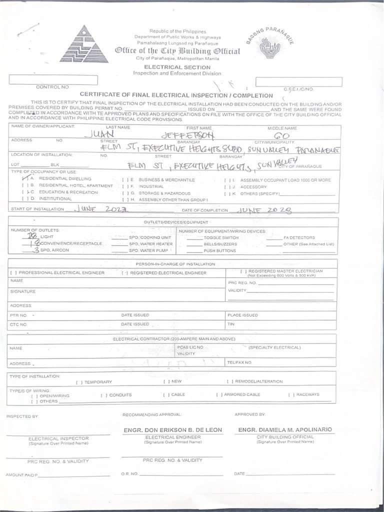 Paranaque City Form Certificate of Final Electrical Inspection Front | PDF