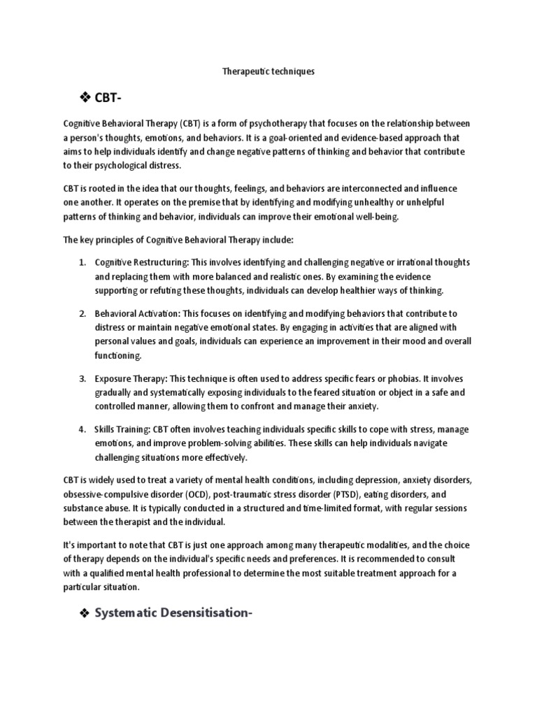 Therapeutic Techniques | PDF | Cognitive Behavioral Therapy | Behaviour