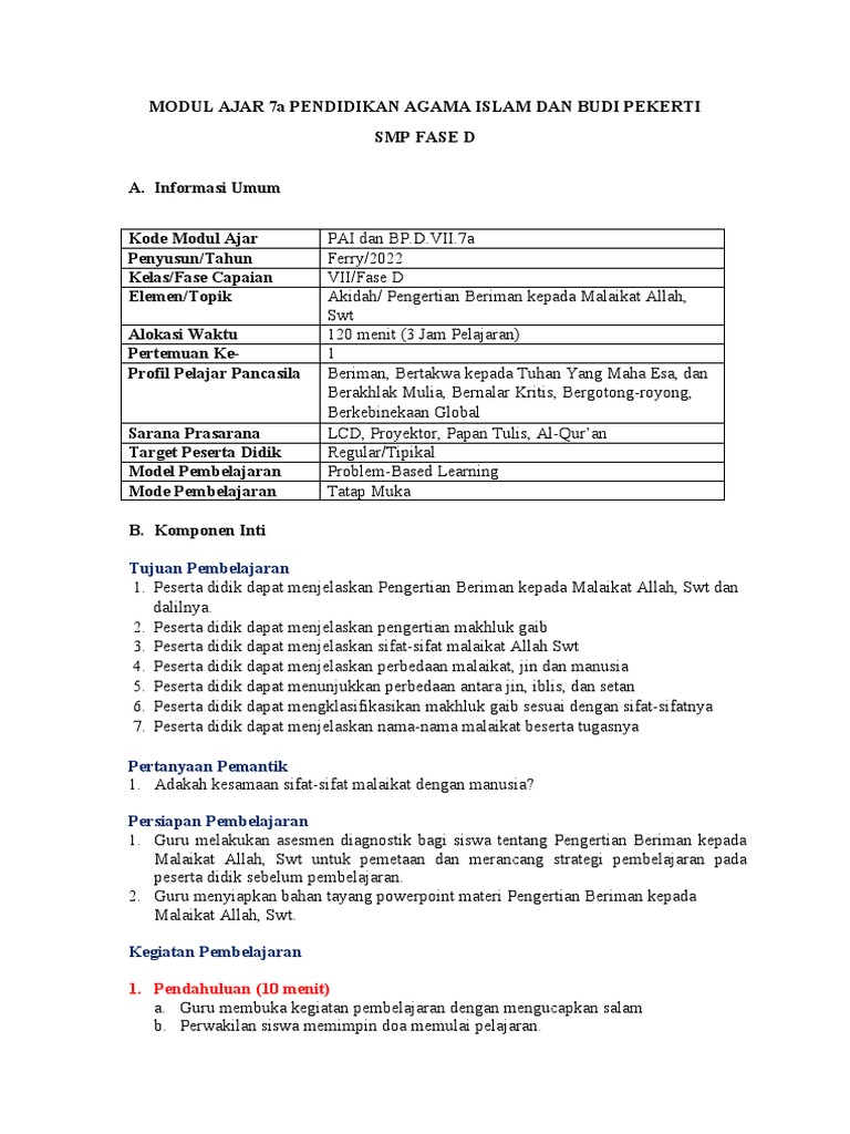 Modul Ajar PAI Kelas 7 Kurikulum Merdeka | PDF | Sains & Matematika