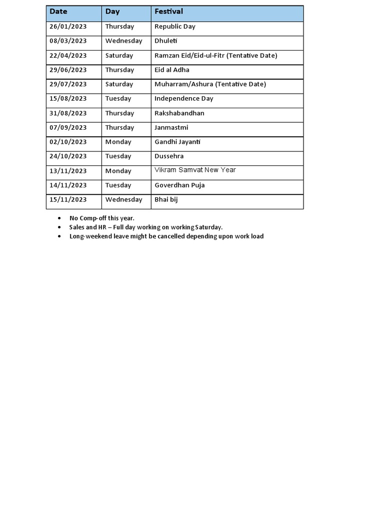Holiday List 2023 | PDF