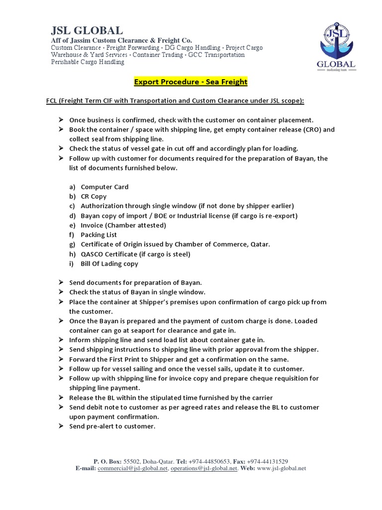 Sea Export Process and QASCO Billing | PDF | Cargo | Bill Of Lading