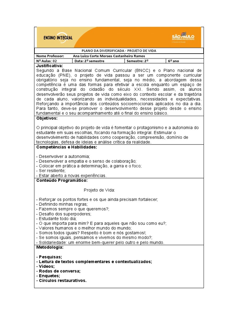 Plano de Aula: Projeto de Vida 6º Ano | PDF | Carreira e Crescimento